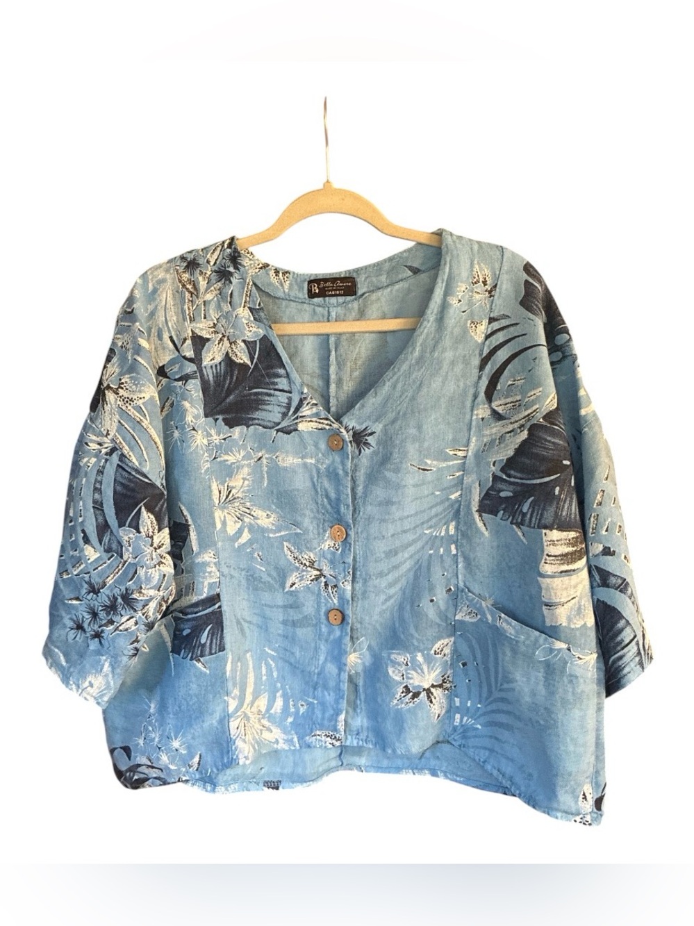 Bella Amore linen Blue Floral Button-Front Short Sleeve Blouse